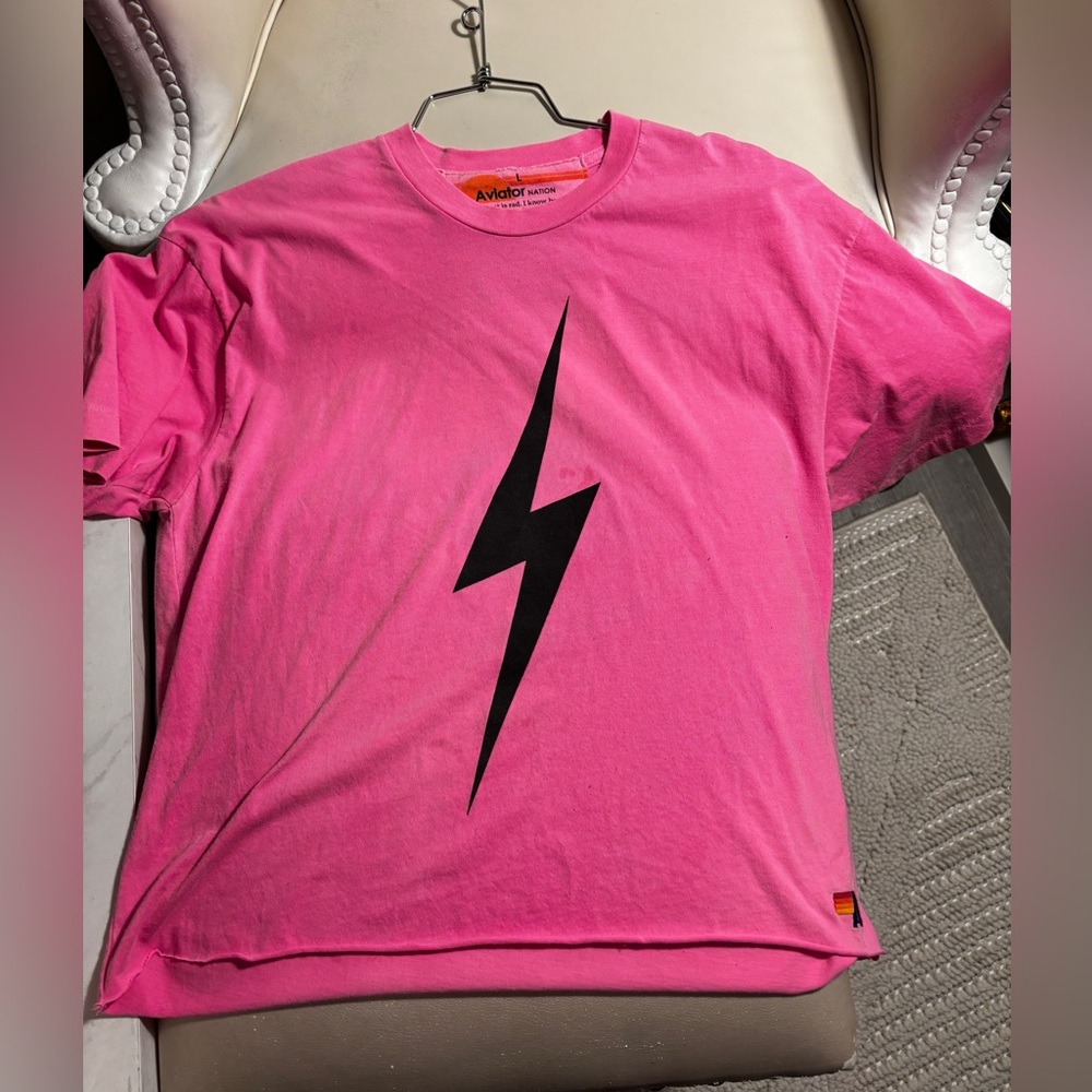 Aviator Nation Neon Pink Lightning Bolt Tee Size L
